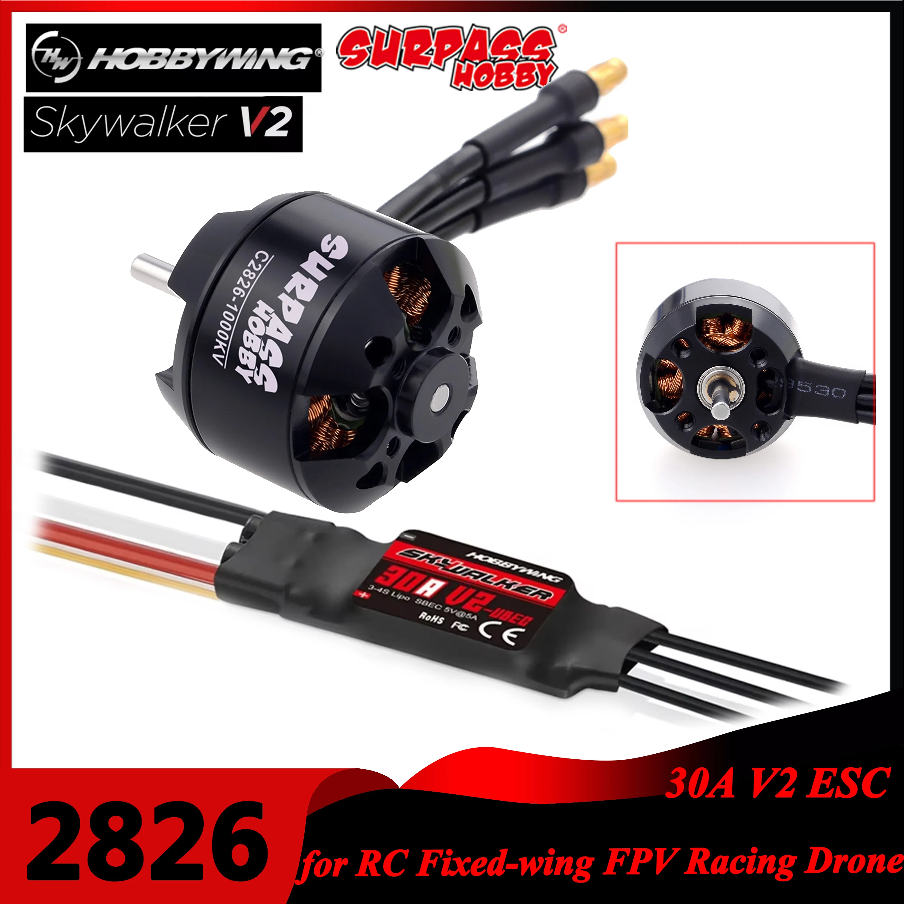 Drone Racing Esc - リモートコントロール航空機用ブラシレスモーター,30a v2 esc,固定翼航空機用,fpvレーシングドローン,2826 1000kv 1350kv 1900kv,30a